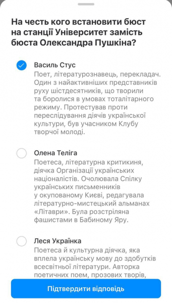 
В Киеве стартовал опрос по замене бюстов российских деятелей на станции метро Университет 